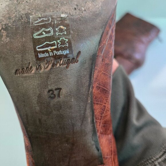 Free People Cecile Brown Croc Embossed Leather Block Heel Booties Size 37/6.5 - Picture 6 of 12